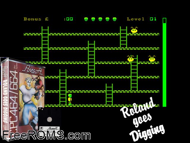 Roland Goes Digging (UK) (1984) [a1] Amstrad CPC game showing 3D box cover and gameplay screenshot